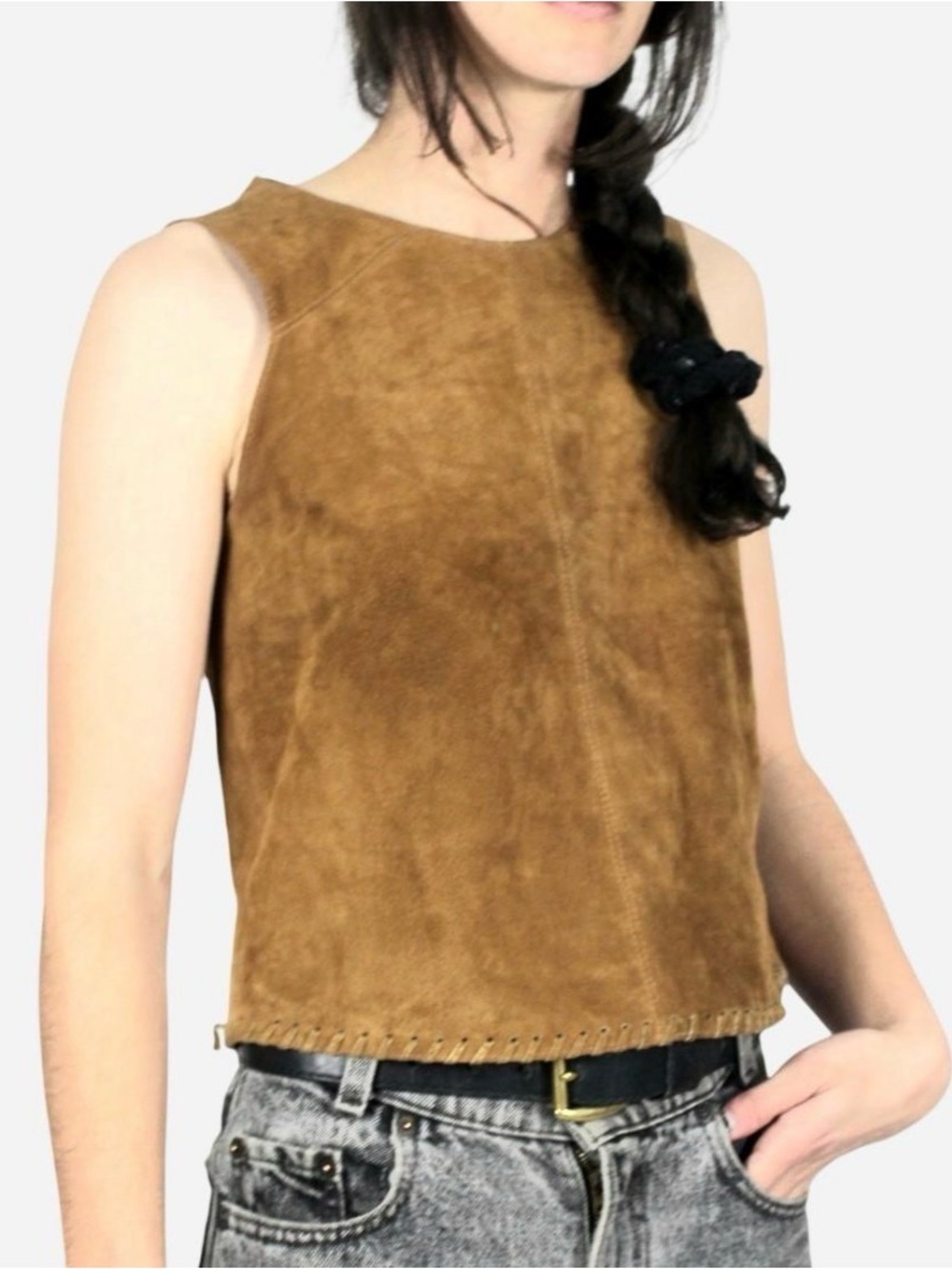 Zara Brown Cow Leather Sleeveless Vest , 1970s style sleeveless crop top.